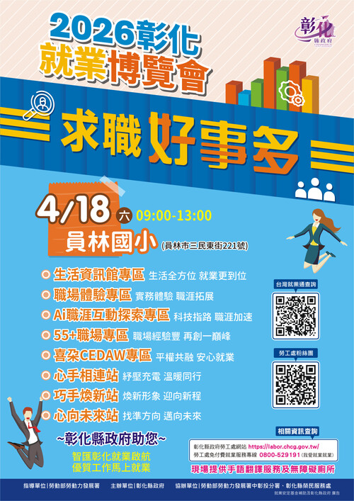 彰化縣115年第2場大型就業博覽會4月18日登場 36家企業釋出近千個職缺 邀民眾把握求職良機示意圖