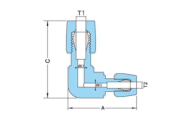 PTFE 異徑彎頭接頭 RL-TYPE 結構尺寸圖