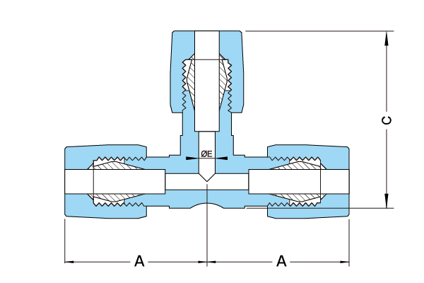 PTFE T-type 三通接頭結構尺寸圖