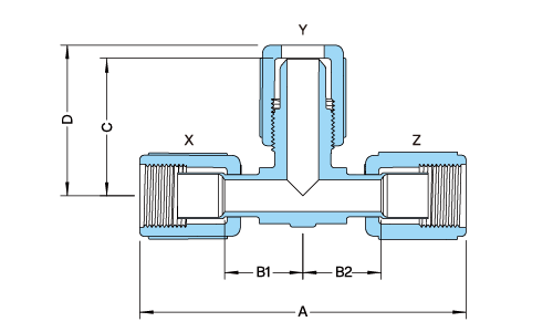 PFA Compact Reducing Tee Fitting示意圖
