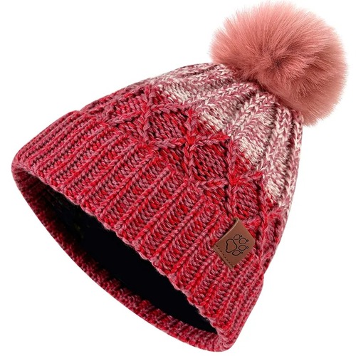 毛球漸層針織紋內刷毛保暖帽 毛帽『紅粉』示意圖