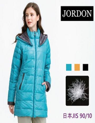 [JORDON]女款 配色長版羽絨外套大衣『藍綠』『黑色』示意圖