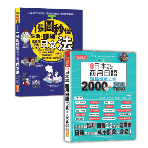 日本語職場日文法及單字句型熱銷套書：QR Code 朗讀 隨看隨聽 一張圖秒懂，生活、職場日文法＋新版 日本語 商用日語：職場情境分類2000字＆200套用句型（25K+QR碼線上音檔）示意圖