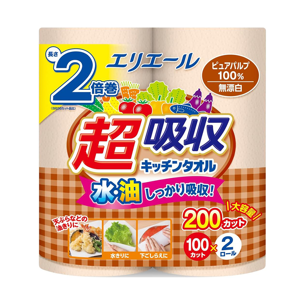 大王製紙elleair超吸收強韌捲筒廚房紙巾-無漂白(100抽/2入)示意圖