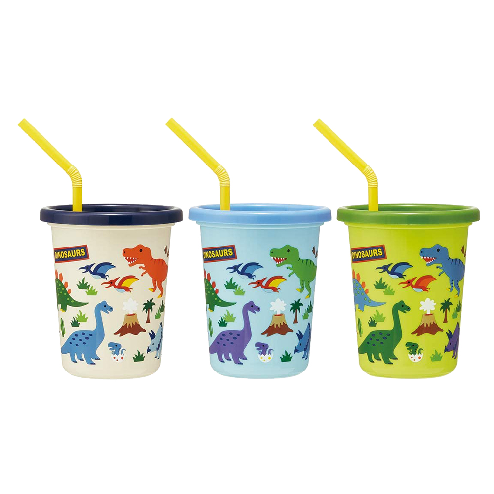 塑膠吸管杯附蓋3入組320ml(恐龍)示意圖