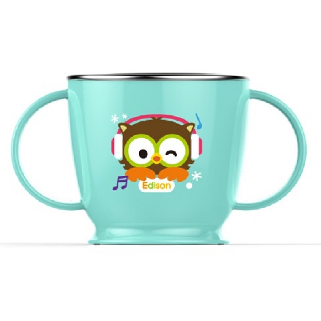 兒童防滑不鏽鋼雙握把杯(貓頭鷹藍)240ml示意圖