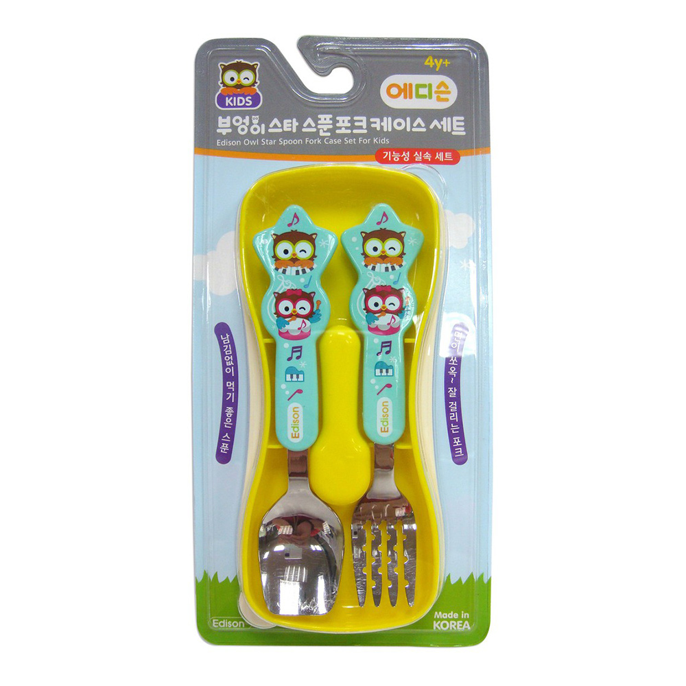 兒童卡通麵食用匙叉餐具組附盒(貓頭鷹藍)示意圖