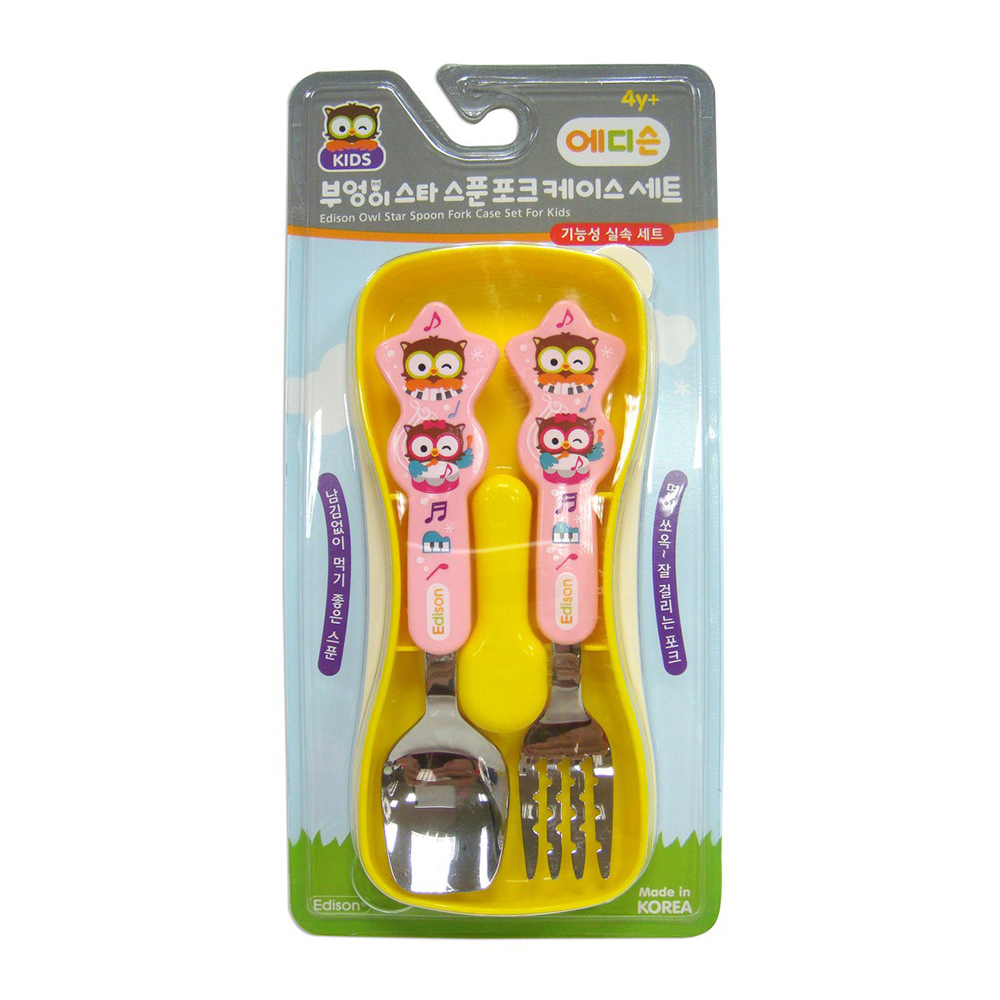 兒童卡通麵食用匙叉餐具組附盒(貓頭鷹粉)示意圖