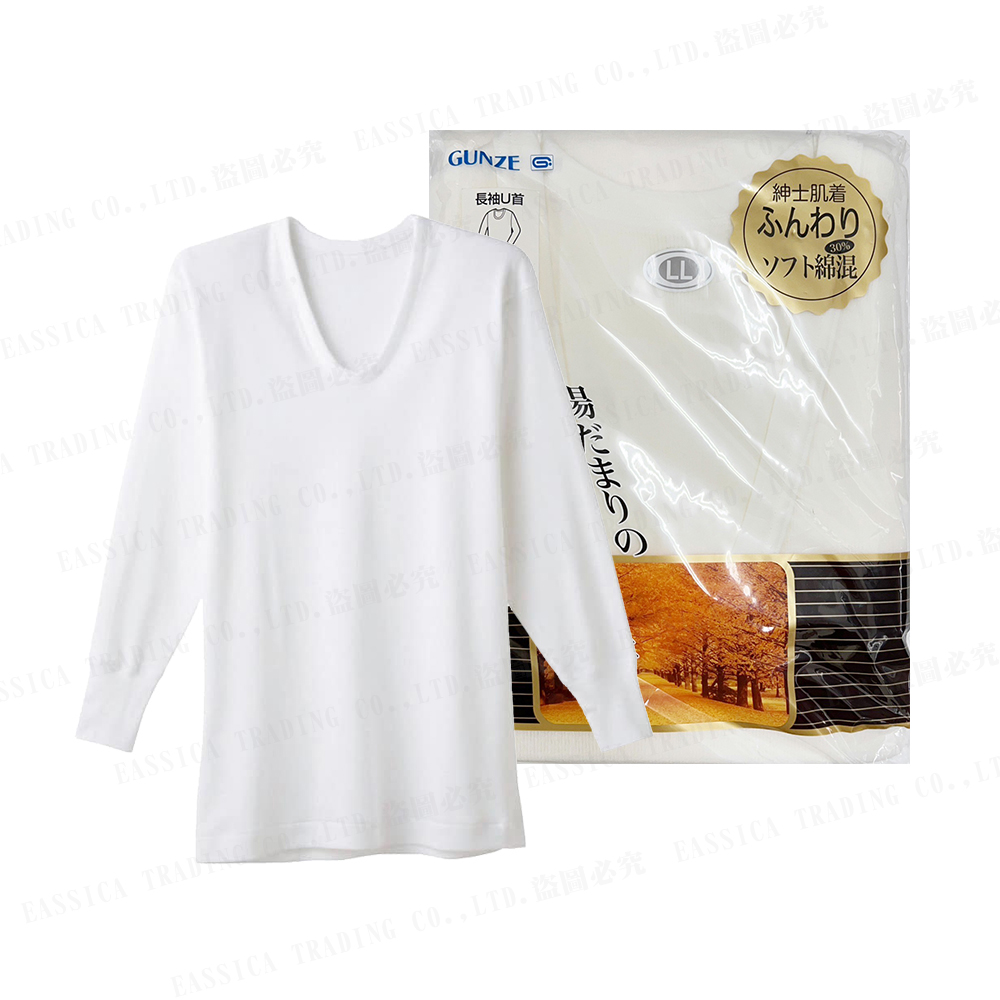 郡是綿混男長袖U領衣(白)示意圖