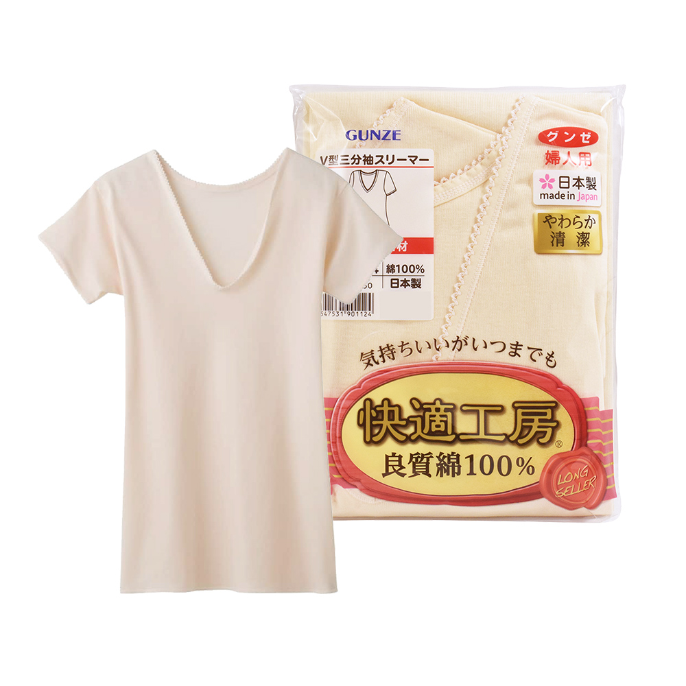 郡是快適工房女V領3分袖衣示意圖